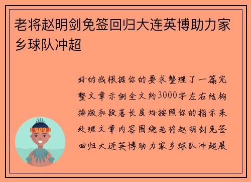 老将赵明剑免签回归大连英博助力家乡球队冲超